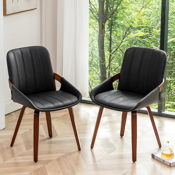 YOUUGIOR Mid Century Modern Faux Leather Upholstered Dining Chairs,Armless Accent Chairs with Sturdy Natural Wood Legs,Bamboo Backrest Support for Kitchen&Dining Room Chairs(Set of 4,Black PU)