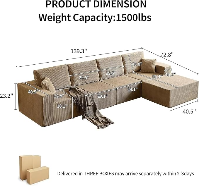 139" Boneless Cloud Sectional Sofa, Modular L-Shaped Couch with Deep Seats, Compressed Frameless Corduroy Sofa in Boxes, No Assembly Required, 4-Seater with Right-Facing Chaise, Grey