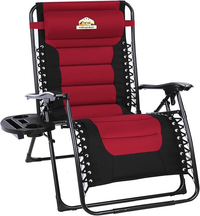 Colegence Oversized Padded Zero Gravity Lounge Chair, Foldable Patio Anti Gravity Reclining Chairs Folding Lawn Recliner with Cup Holder for Yard, Camping, Outdoor, Support 350 LBS, Burgundy