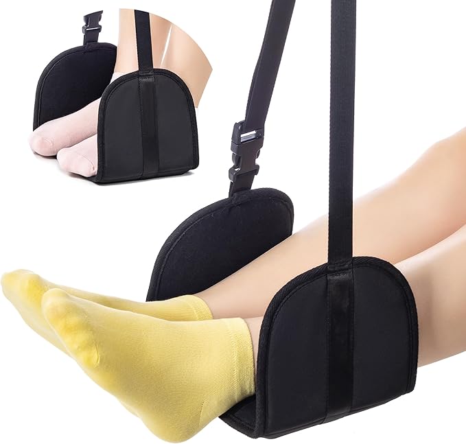 Airplane Footrest Hammock, Adjustable Portable Travel Footrest with Thickened Foam, PVC Board, Breathable Soft Lining (Black)