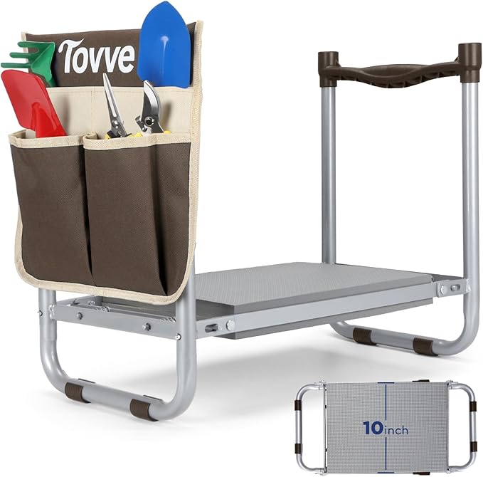 Tovve Upgraded Garden Kneeler and Seat with Thicken & Widen Soft Kneeling Pad, Heavy-Duty Foldable Garden Stool with Large Garden Tool Bag, Portable Garden Bench Gardening Gifts for Women, Seniors