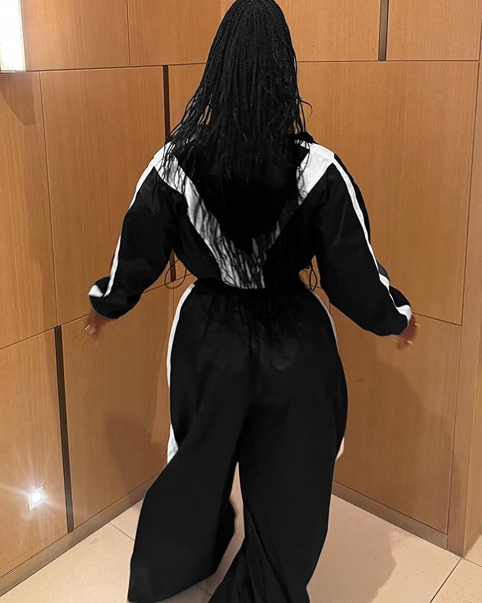 Women Striped 2 Piece Outfits Fall Workout Sets Windbreaker Tracksuit Crop Jacket Wide Leg Pants with Pockets