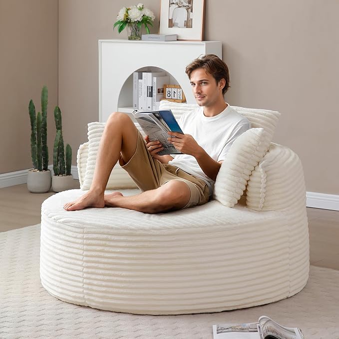 53"W Oversized Round Chaise Longue Chair Indoor,Corduroy Fluffy Comfy Cloud Chair,Circle Bean Bag Sofa with Foam Filling & Pillows,Boneless Reading Cozy Sofa Chairs for Living Room,Bedroom,White