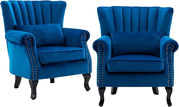 chairus Mid-Century Modern Accent Chairs Set of 2 Comfy Sofa Chairs Channel Back Armchairs with Small Pillow for Living Roon Bedroom Club - Velvet, Blue