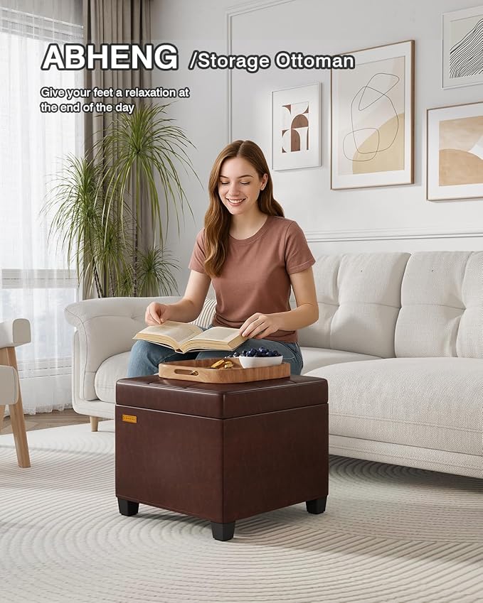 ABHENG 17.7 inches Synthetic Leather turfed Ottomans Cube with Storage, Metal-Framed Square Storage Ottoman Foot Rest Stool Holds 770 LB for Dorm Living Room Bedroom Brown UASND63R