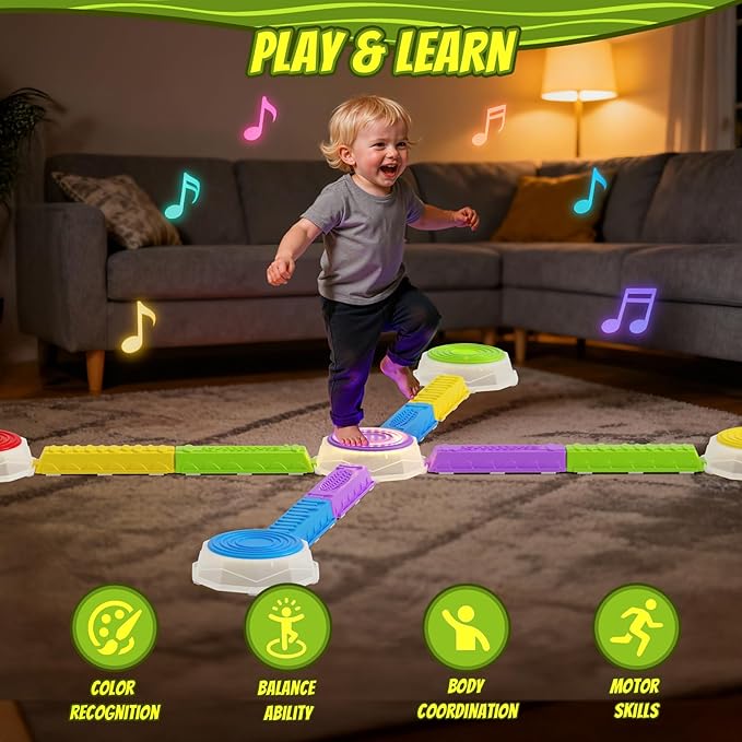 HYES Light Up Stepping Stones & Balance Beams for Kids - 13 PCS Set with Piano Music, Game Spinner & 30 Cards, Sensory Jumping Toys for Toddler, Birthday Gift for Boys Girls Ages 3-5