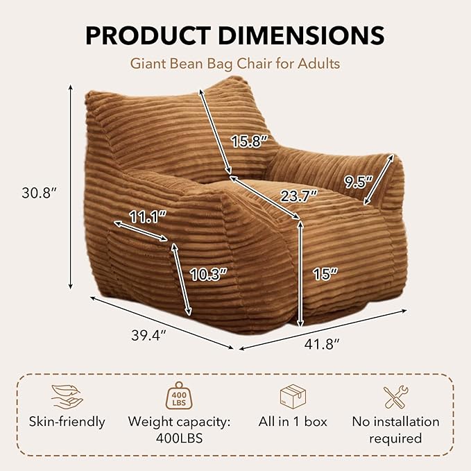 Giant Bean Bag Chair for Adults, Corduroy Upholstered Beanbag Chair with Side Pocket, Comfy Bean Bag Sofa with Portable Handle, Floor Sofa Chair for Bedroom (Brown)