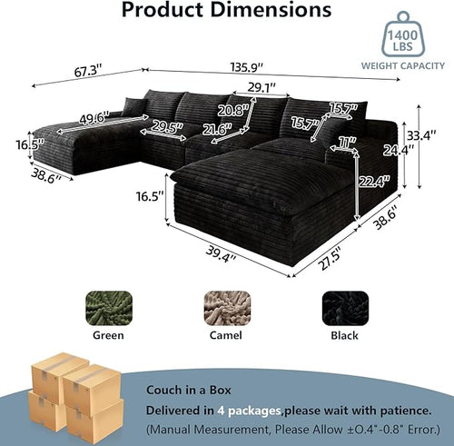 136" Cloud Sectional Couch U-Shaped Chaise with Ottoman, Corduroy Boneless Couch for Living Room Bedroom, Deep-Seat Upholstered Modular Cloud Sofa, No Assembly Required (Black, Left Facing Chaise)