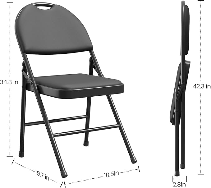 GAOMON 4 Pack Folding Card Chairs, Thickened Padded PU Cushion, Metal Legs and Non-Slip Feet Pads, Portable Stackable Commercial Seat for Events, Office, Wedding, Party, Black