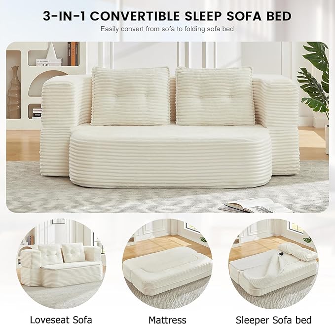 78.4" Convertible Sleeper Sofa Bed, Floor Couch Loveseat with Functional Blanket and 2 Soft Pillows,Corduroy Fabric Boneless Futon Couch for Living Room,Bedroom,Apartment(Beige)