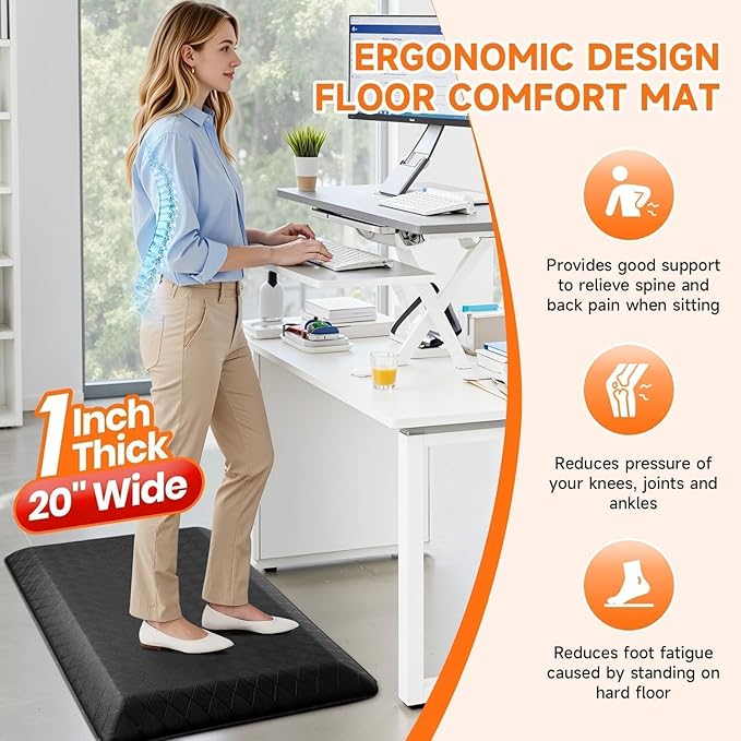 StepRite 1” Thick Kitchen Mats for Floor, Anti Fatigue Kitchen Rugs, Non-Slip,Heavy Duty Waterproof Kitchen Rug, Standing Desk Mat, Gifts for Friends, Family, Home, Kitchen, Office (32" x 20", Black)