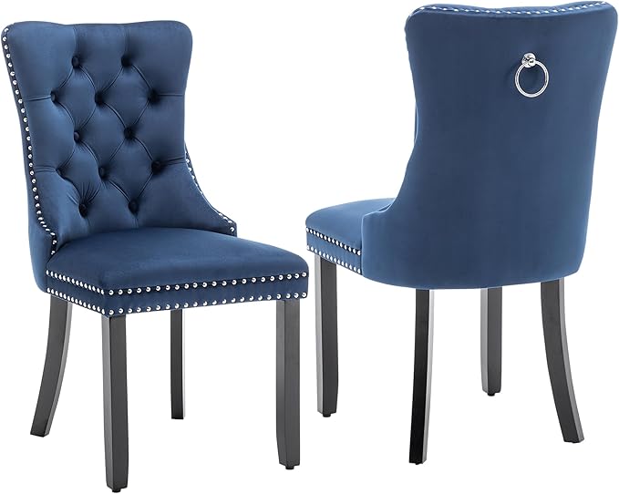Kiztir Velvet Dining Chairs Set of 2, Upholstered Dining Chair with Nailhead Trim and Solid Wood Legs, Navy Luxury Wingback Dining Side Chair for Living Room, Bedroom, Kitchen (Blue)