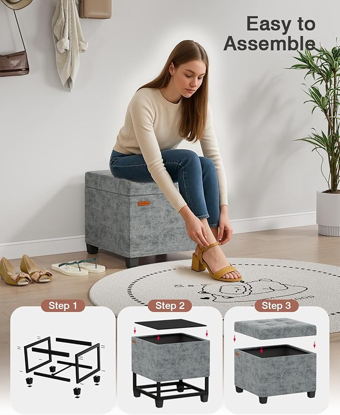 ABHENG 17.7 inches Chenille turfed Ottomans Cube with Storage, Metal-Framed Square Storage Ottoman Foot Rest Stool Holds 770 LB for Dorm Living Room Bedroom Gray UASN641G