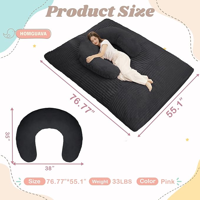 Homguava Giant Bean Bag Chair for Adults with Pillow, 4 in 1 Convertible Floor Cushion for Adluts, Memory Foamed Bean Bag Lounger with Washable Cover for Living Room, Bedroom