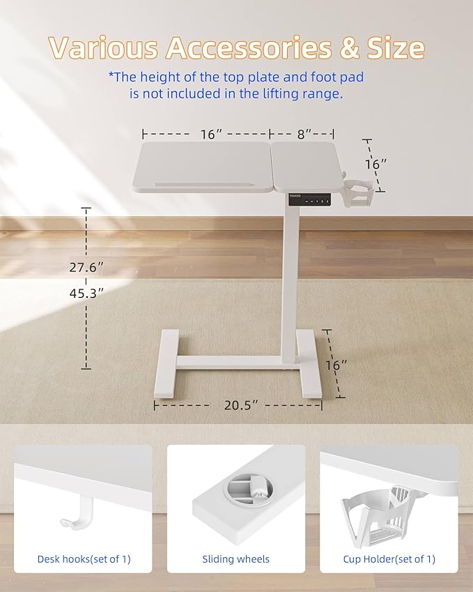 YIHAYO Electric Adjustable Overbed Bedside Table with Wheels, 24 x 16 Inches Mobile Standing Desk, Laptop Desk, Movable Overbed Tables Hospital Home Use, White