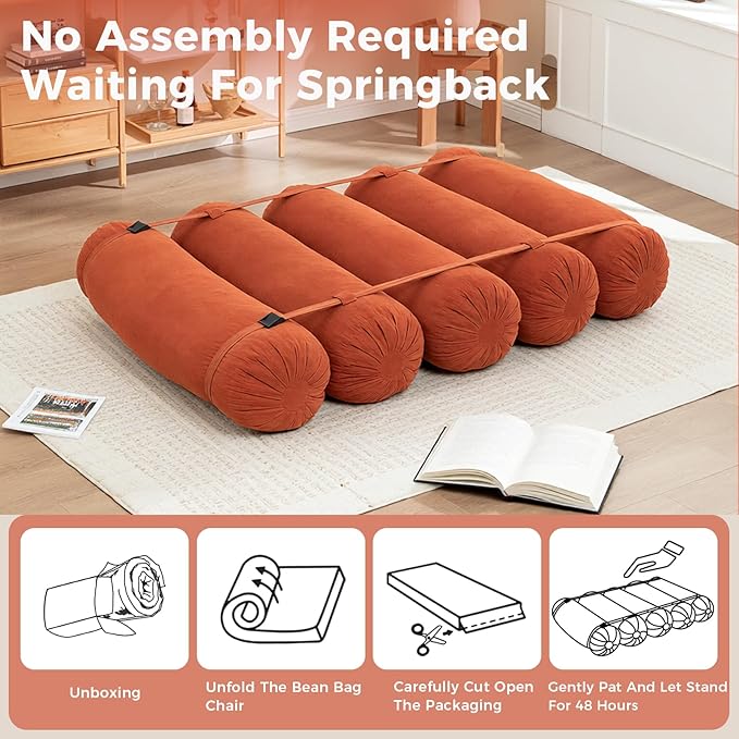 Ekskiei Bean Bag Sofa, Corduroy Sectional with Connecting Straps, Flexible Floor Seating, Soft Foam Filled Lounger, Non-Removable Cover, Reconfigurable Design,Living Room,Bedronm&Offices,Orange