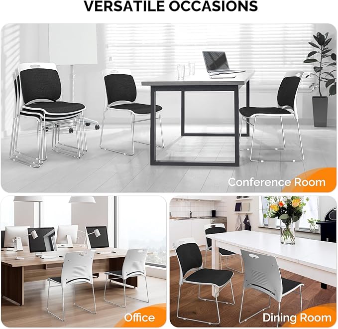 VINGLI Stackable Chairs Set of 4 Stacking Office Chairs with Metal Sled Base, Ergonomic Plastic Padded Seat & Back, Capacity 350lbs, Stacking Chairs for Waiting Room Break Room Banquet Guest, Black