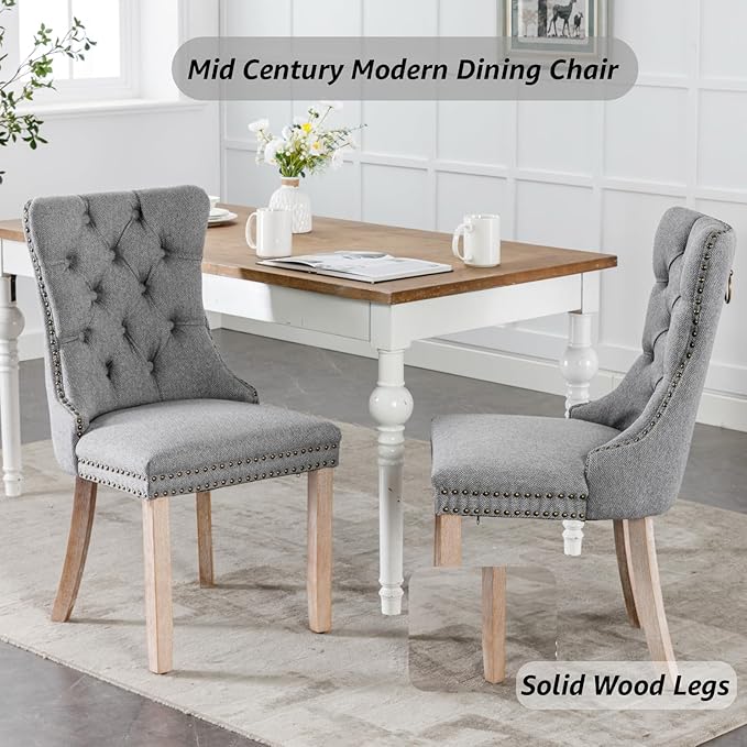 YeahFurn Grey Mid Century Modern Dining Chairs Set of 8, Linen Upholstered Kitchen & Dining Room Chairs with Nailhead Trim & Solid Wood Legs, Elegant Sillas De Comedor (Grey, 8 Pcs)