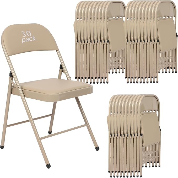30 Pack Khaki Padded Folding Chairs Set - Comfortable Stackable Portable Chairs for Indoor Outdoor, Events, Parties, Office, Wedding (PU Leather, Urban Khaki,School Chair)
