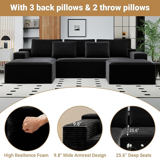 KAPEETOO U Shaped Modular Sectional Sofa with Left Chaise Ottoman, Boneless Couch with Deep Seat, Oversize 3-Seater Sofa U Shaped Set for Living Room Bedroom (Black)