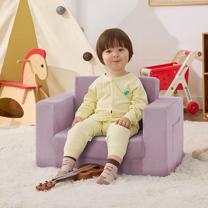 Kids Couch, 2-in-1 Toddler Chair Comfy 1-3 Years, Convertible Kids Chair, Toddler Couch That Fold Out, Kid Lounge Chairs for Boys and Girls, Soft Coral Fleece, Single, Purple