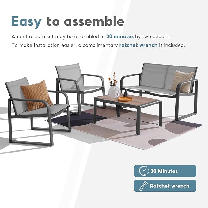 Litpony Aluminum Outdoor Patio Conversation Set, 4 Pieces Patio Furniture Sets with Breathable Textilene with Loveseat,Table and Chairs for Yard,Balcony,Grey