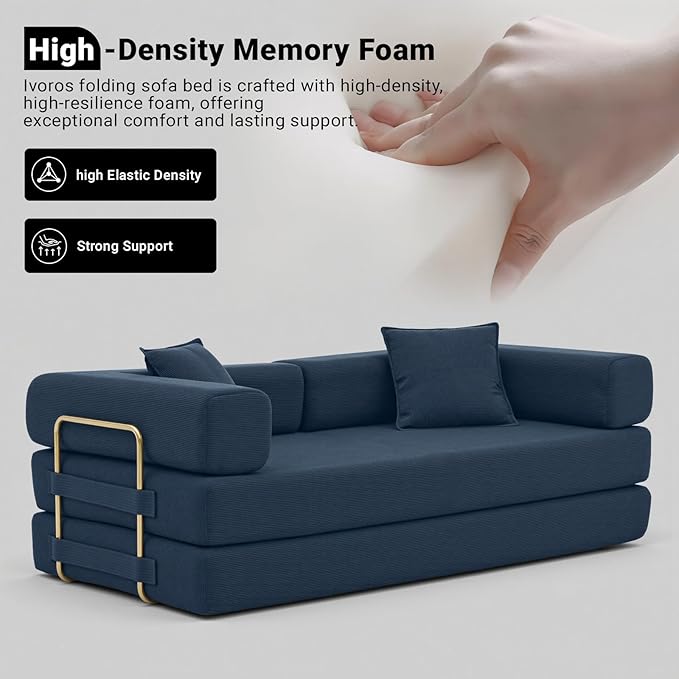 78" Convertible Sleeper Sofa Bed, Corduroy Folding Sofa Bed with Fixed-Shape Frame, Fold Out Floor Mattress Couch, Lazy Compression Sofas for Living Room, Bedroom, No Assembly Required, Blue
