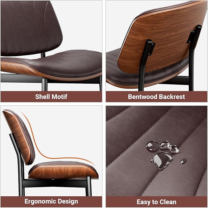 YaFiti Dining Chairs Set of 2, Dining Room and Kitchen Chairs, Mid Century Modern Accent Chair, Upholstered PU Leather Chairs for Vanity with Walnut Bentwood and Metal Legs, Brown