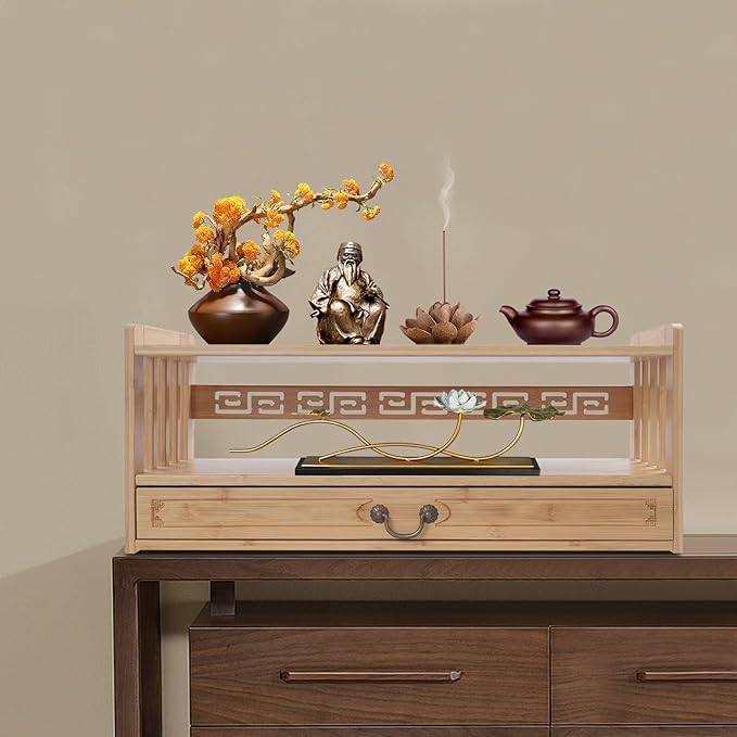 Floor Table Low 2-Tier Meditation Altar Table with Drawers Bamboo Coffee Table Desktop Organizer for Japanese Tatami Chinese Asia, Prayers, Displaying Jars/Plants/Books-27.2*9.8*11in (Nature Color)