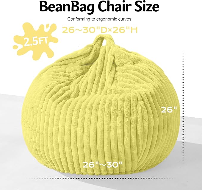 Homguava 2FT Bean Bag Chair, 2' Small Bean Bags with Memory Foam Filled, Beanbag Chairs with Machine Washable Cover Dutch Corded Plush Cover for Classroom,Living Room,Bedroom-Yellow