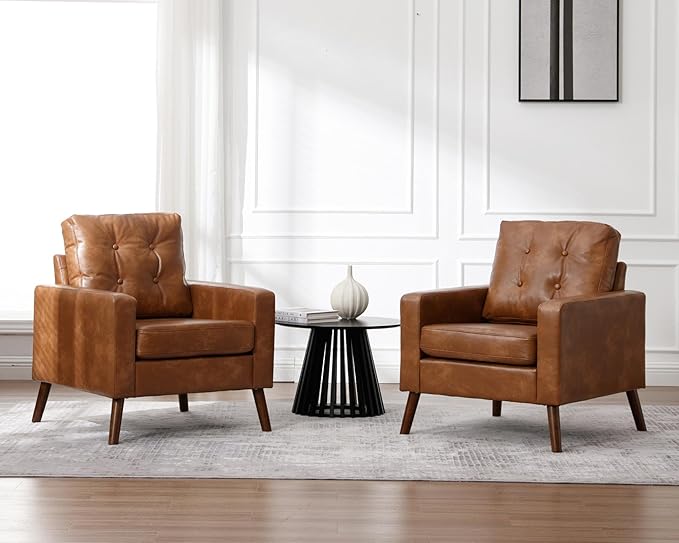 VESCASA Tufted Accent Arm Chairs with Wood Legs, Faux PU Leather Comfy Upholstered Single Sofa, Mid Century Modern Side Club Leisure Chairs for Reading/Living Room/Bedroom, Set of 2, Caramel