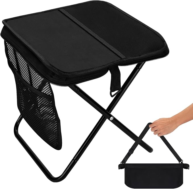 Zuplo Portable Stool for Adults, 240lb Load Foldable Backpack Stool, 13 Inch Camping Pocket Chair with 2 Storage Pockets, Outdoor Seat for Hiking, Fishing & Travel (Black)