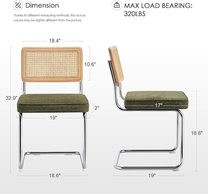 Zesthouse Natural Rattan Dining Chairs Set of 4, Mid Century Modern Dining Chairs with Solid Wood Back & Chrome Base, for Kitchen Living Room, Breuer Design Inspired, Upholstered Linen Fabric, Green