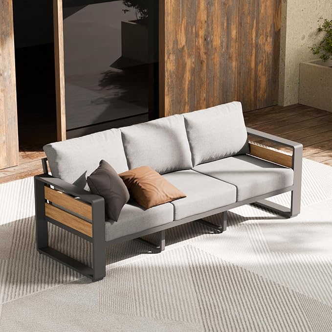 ZANDOR Outdoor Aluminum Patio Furniture - 1 Pcs 3-Seat, All-Weather Metal Modern Outside Sofa with Washable Thick Cushion for Garden/Backyard/Porch, Grey