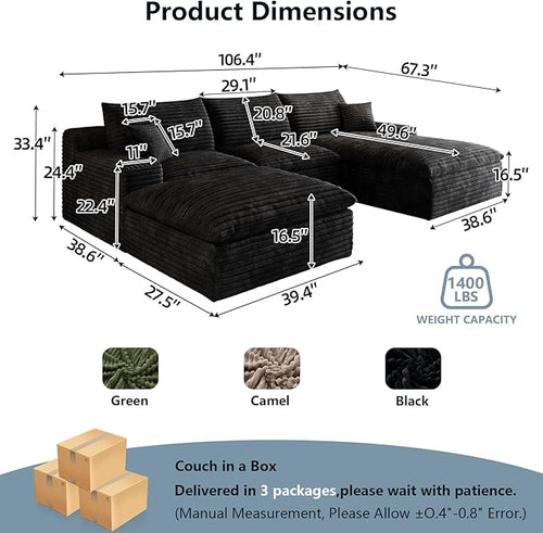 107" Cloud Sectional Couch U-Shaped Chaise with Ottoman, Corduroy Boneless Couch for Living Room Bedroom, Deep-Seat Upholstered Modular Cloud Sofa, No Assembly Required (Black, Right Facing Chaise)