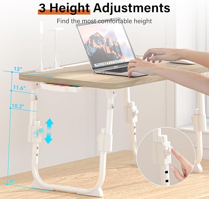 DECOSIS Laptop Desk for Bed Height Adjustable, Lap Bed Table with USB/Storage Drawer/Cup Holder/Tablet Stand/Book Shelf, Foldable Breakfast Tray Portable for Reading Writing, Sofa & Floor, Glacier