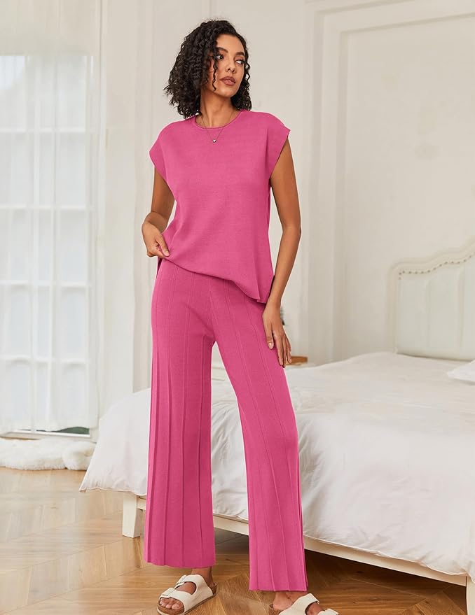 Ekouaer Lounge Sets for Women Two Piece Outfits Knit Cap Sleeve Tops Wide Leg Pleated Pants Casual Dressy Sweater Sets