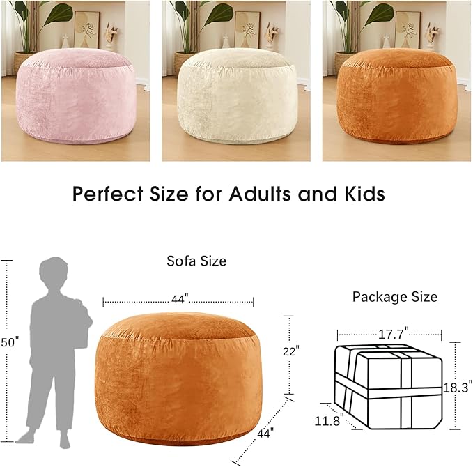 Bean Bag Chairs for Adults - Memory Foam Furniture BeanBag Chair - Kids/Teens Sofa with Soft Micro Fiber Cover - Round Fluffy Couch for Living Room Bedroom College Dorm - 4 ft, Golden Brown