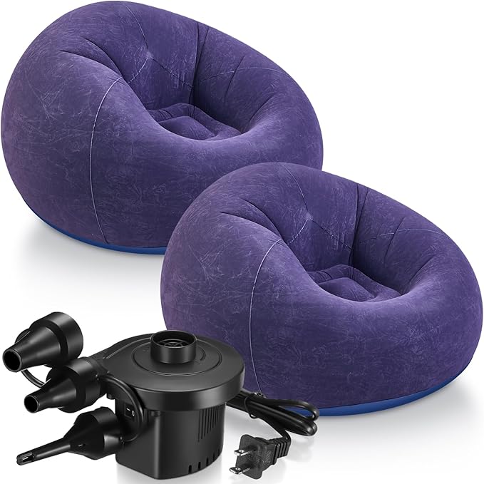 Realspring 2 Pcs Inflatable Bean Bag Chairs with Electric Air Pump Outdoor Blow up Chair Inflatable Lazy Sofa Folding Portable Loungers Couch for Living Room Bedroom(Blue)
