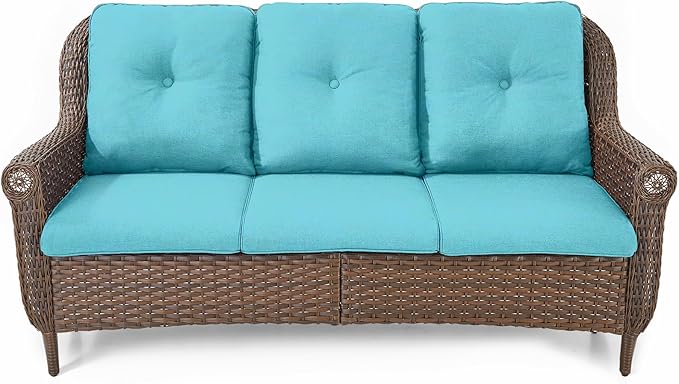 Patio Sofa Outdoor Wicker Couch - Heavy Duty All-Weather Brown Rattan 3-Seater with High Back and Comfortable Thick Cushions for Garden Back Porch Poolside Apartment - Turquoise