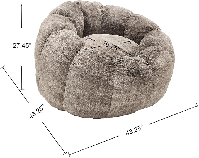 LukeAlon Faux Fur Bean Bag Chair with Filler & Petal Armrest - 44" Extra Large Fluffy Floor Sofa Chair for Adults - Soft Comfy Lounge Chair for Bedroom, Living Room, Game Room (Brown)