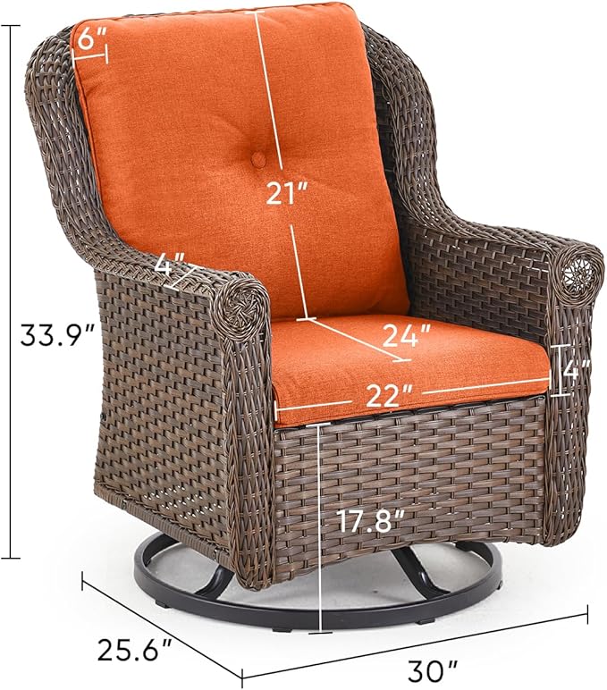 ACTREST Patio Chairs Outdoor Swivel Glider - Set of 2 High Back Outside Brown Wicker Rattan Rocking Chair with Zippered Cushion for Porch Apartment Deck Yard Poolside Garden - Orange