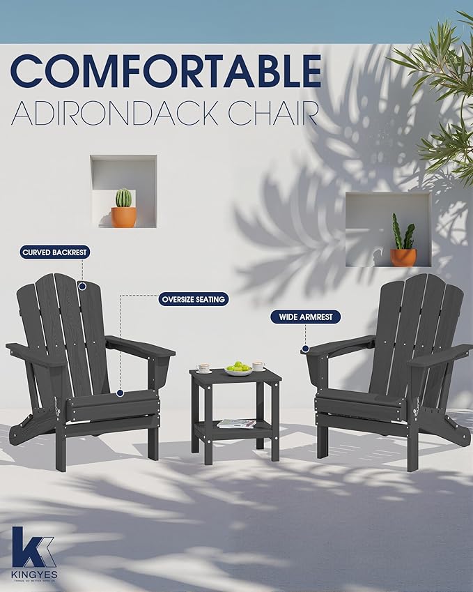 KINGYES Folding Adirondack Chair Set of 8, HDPE All-Weather Folding Adirondack Chair, Grey