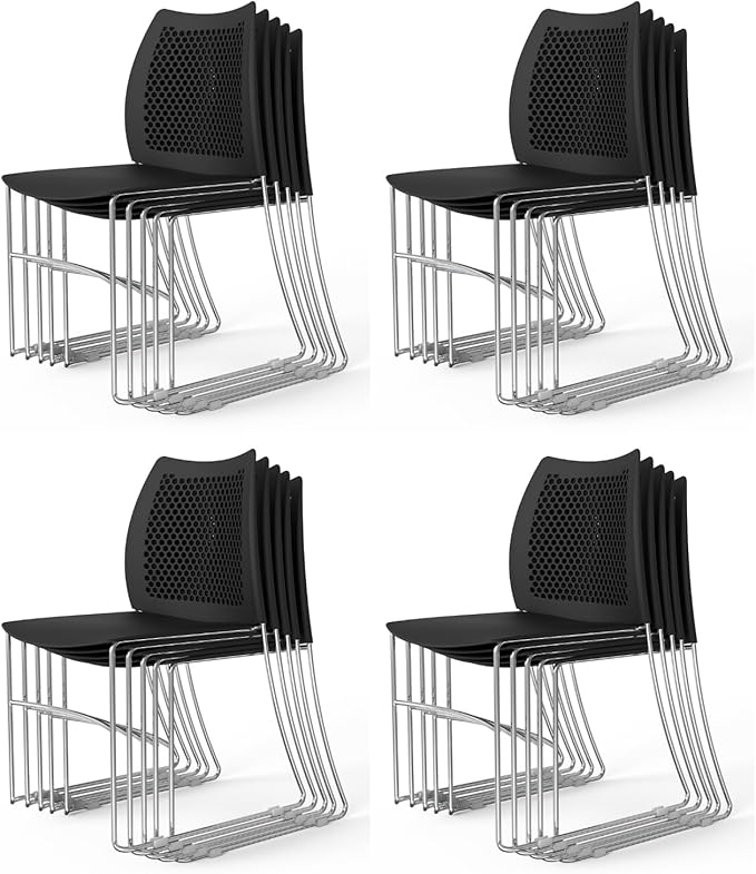 VINGLI Stacking Chairs Set of 20 Stackable Office Chairs with Metal Sled Base, Ergonomic Plastic Seat & Holes Back, Stacking Chairs for Waiting Room Break Room Banquet Guest, Black