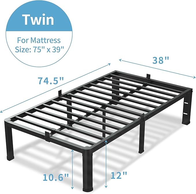 VIPSHOW 12 Inch Twin Size Bed Frame, 3500Lbs Heavy Duty Metal Platform with Round Corner Legs Mattress Slide Stopper, Steel Slat Support No Box Spring Needed, Noise Free, Non-Slip, Easy Assembly