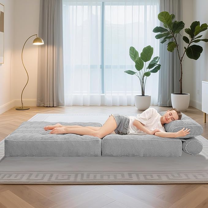 HABUTWAY Folding Sofa Bed, Convertible Sleeper Chair Bed w/Dual-Pillow & Handle, Foldable Floor Sofa Lounge w/Back Support for Living Room, Bedroom, Apartment, Office, Single, Light Grey