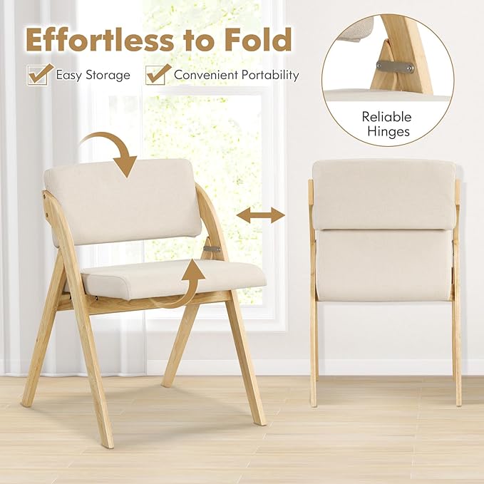 GOFLAME Folding Dining Chairs Set of 4, Upholstered Kitchen Chairs with Padded Seat & Backrest, Modern Side Chairs with Rubber Wood Legs for Home Office Events, Wedding, No Assembly Needed, Natural