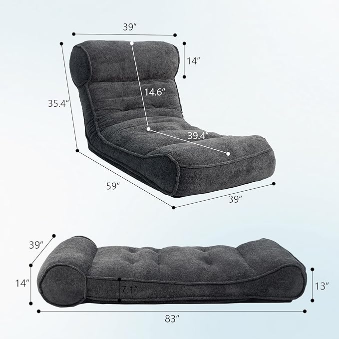 Dineli 83'' Floor Chair with Back Support Meditation Chair Couch Recliner w Adjustable Backrest Lazy Floor Lounger Gaming Chair for Adults Sofa Bed Sleeper Chair Chaise Lounge Chair Indoor, Black