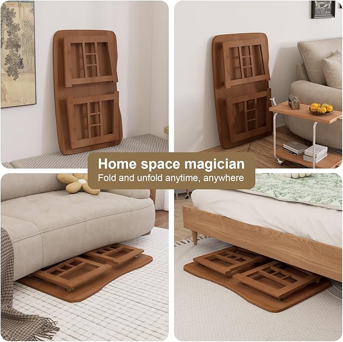 Japanese Bamboo Folding Floor Table for Sitting on Floor, Tatami Table Foldable, No Assembly, Low Tables for Small Spaces Living Room/Portable Zen Chabudai for Meditation - Walnut