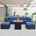 Lviden 7 Pieces Outdoor PE Wicker Furniture Set Patio Rattan Sectional Conversation Sofa Set with Navy Blue Cushions and Fire Pit Table